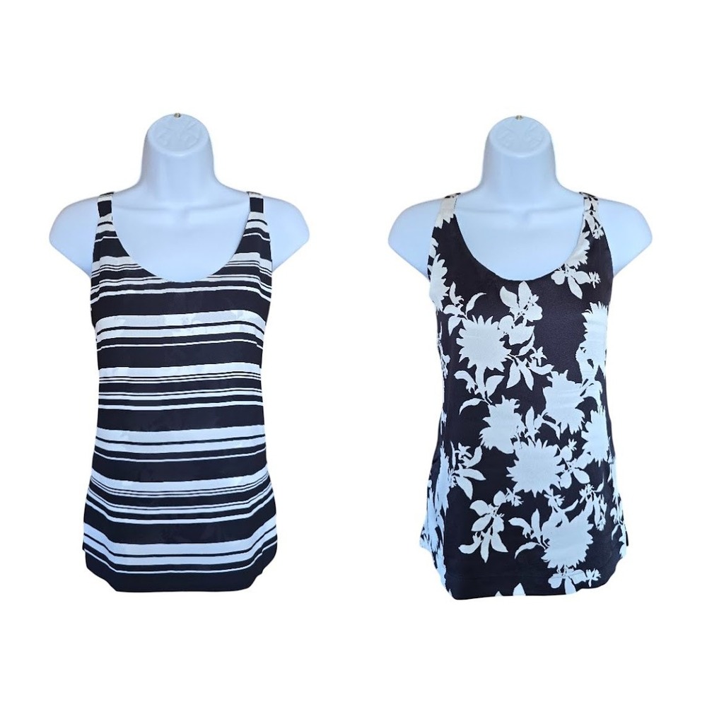 Versatile Reversible Tank Top Women‎ L Black White Floral Striped Chic Parisian